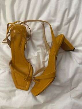 Alexandre Birman Mustard Yellow Strappy Block Heel Sandals